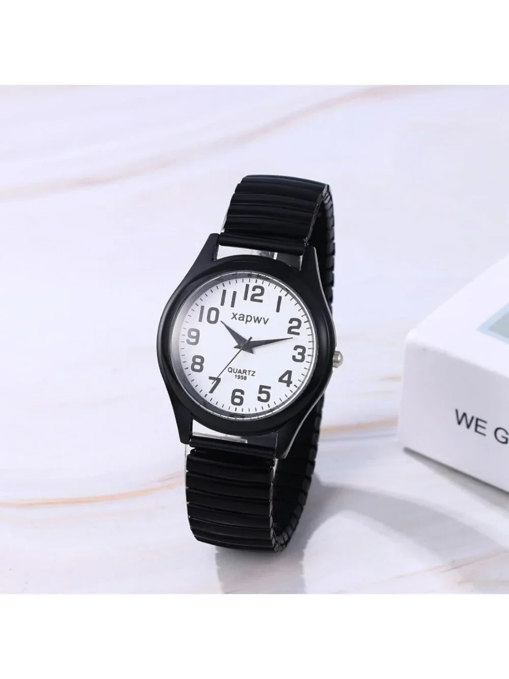 Men's Black White Stretch Band Couple Bangle Ultrathin Elastic Strap Wrist Watch